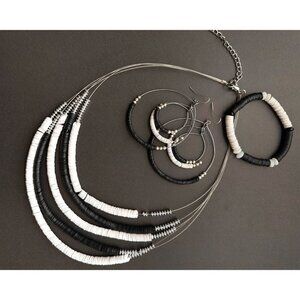 JEWELRY SET black white small round disks bead necklace hoop earrings & bracelet